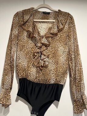 Zara Leopard Ruffle V-Neck Long Sleeve Bodysuit - Tan/Black